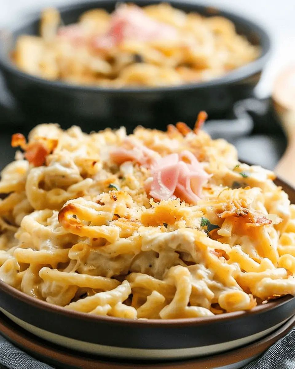 Creamy Chicken Cordon Bleu Pasta Bake with Turkey Bacon Delight