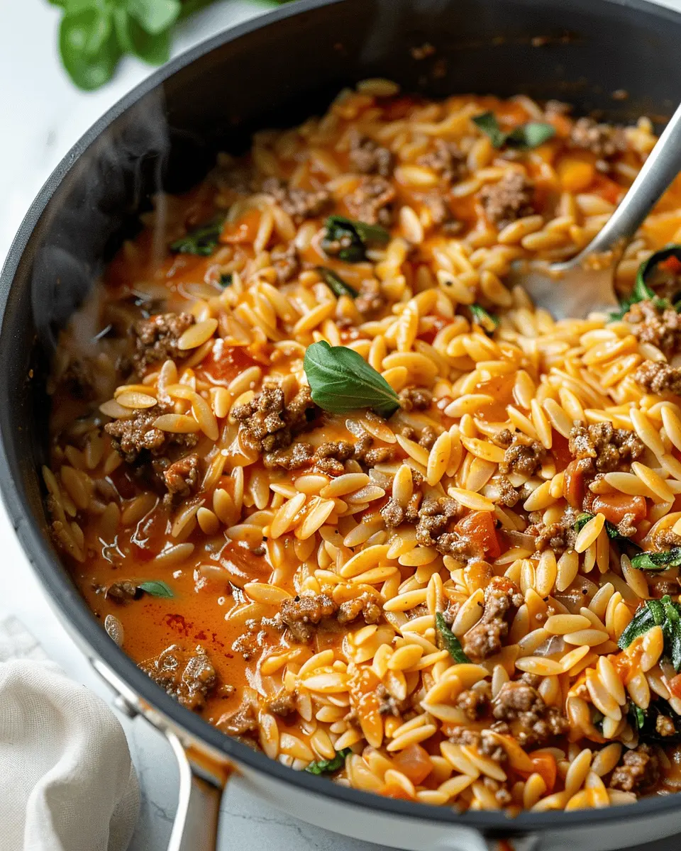 Hearty Ground Beef Orzo: Easy Tomato Cream Sauce Delight