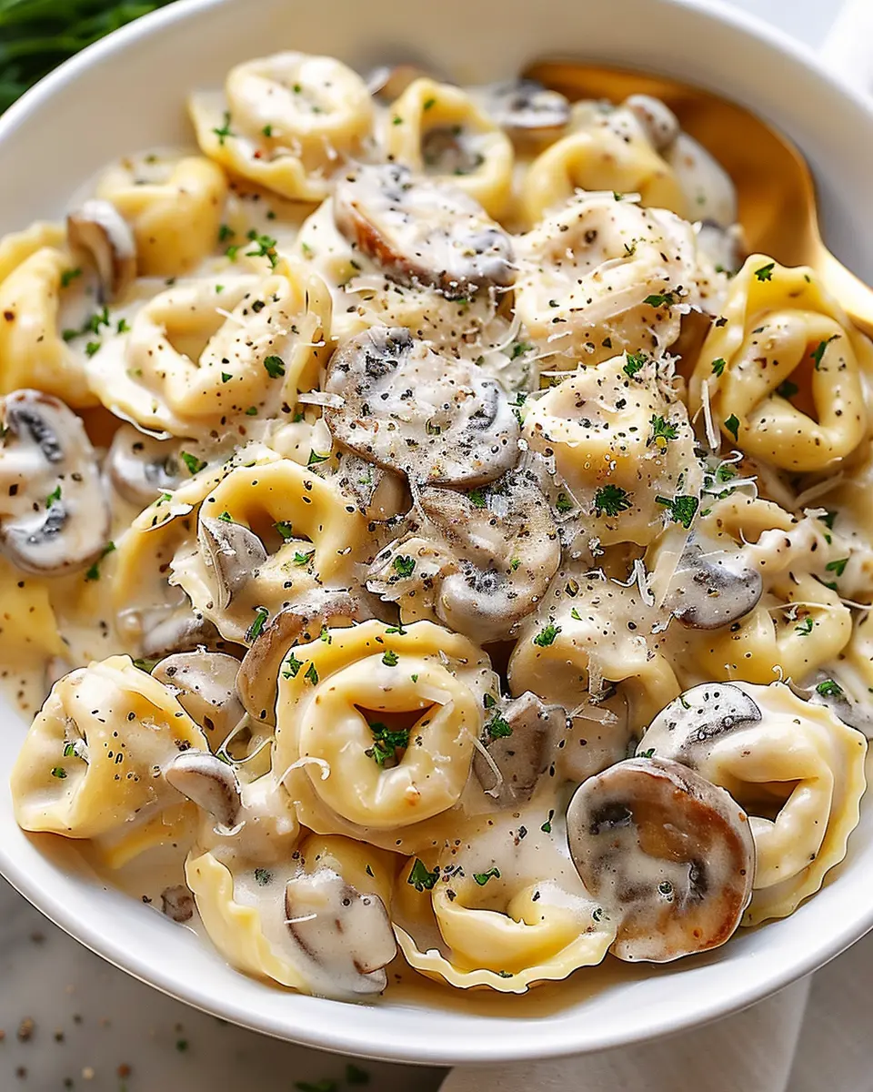Creamy Mushroom Tortellini Alfredo with Turkey Bacon Delight