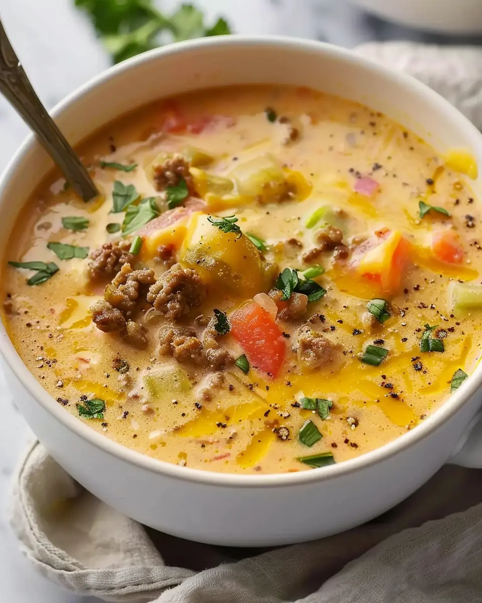 Cheeseburger Soup: Indulgent Flavor with Turkey Bacon Delight