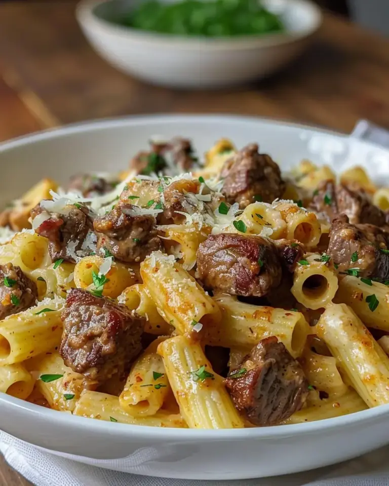 Cajun Steak Tips in Cheesy Rigatoni Parmesan Sauce