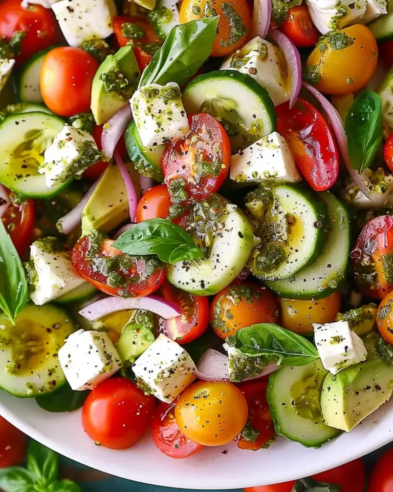 Tomato Cucumber Avocado Salad with Mozzarella and Basil Pesto