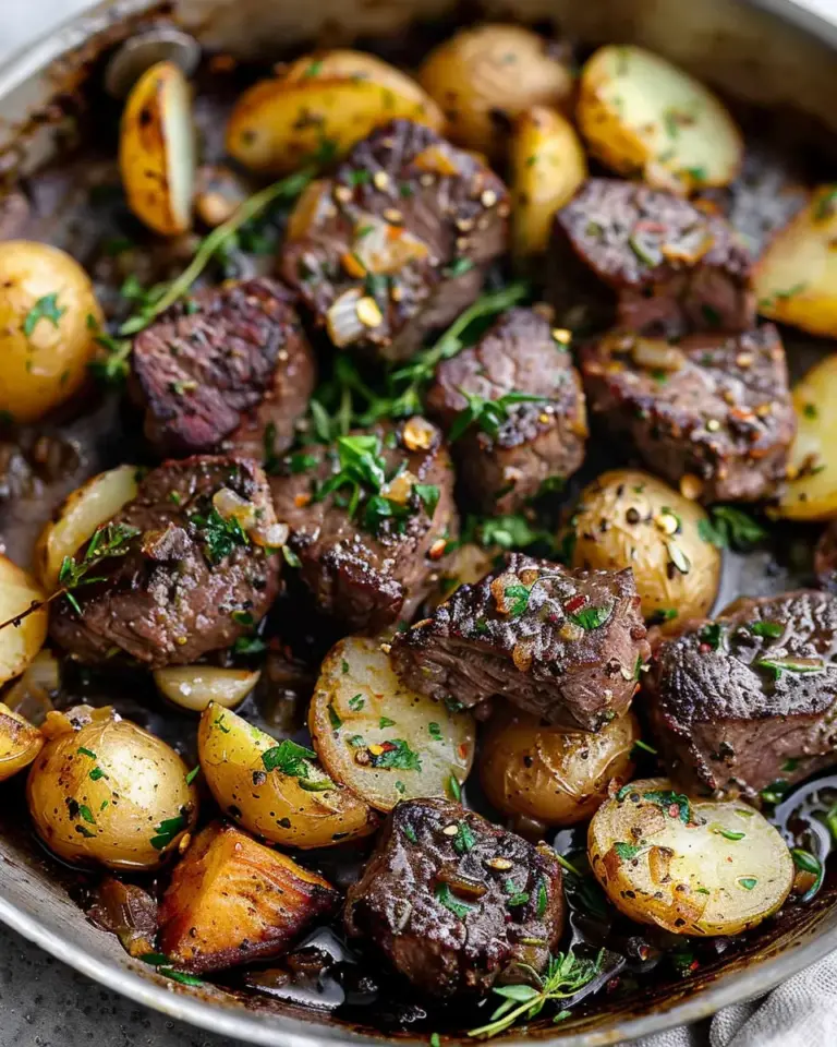 Garlic Butter Herb Steak Bites and Potatoe